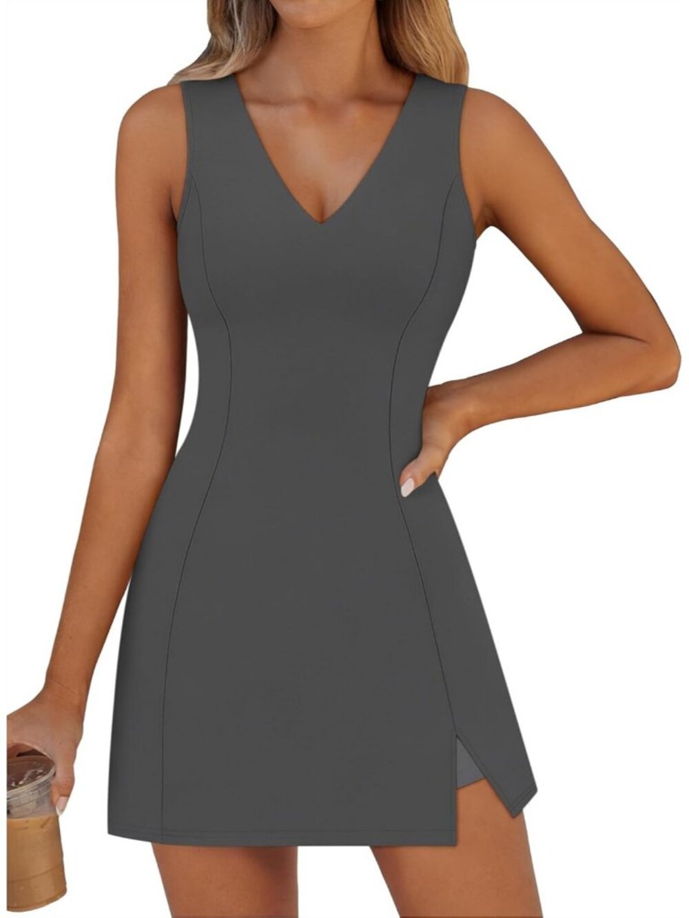 Women's Mini Dress Deep Grey V-Neck Sleeveless Shorts Bra Athletic Summer Shift